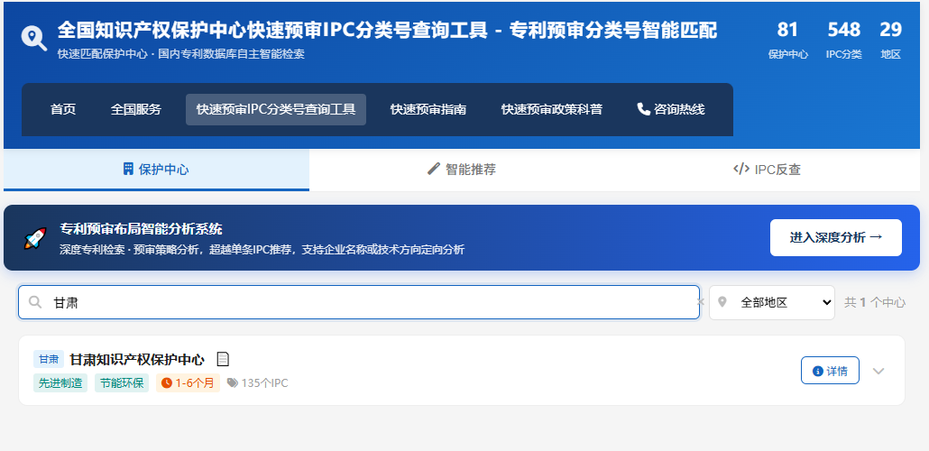 律知诚预审工具中甘肃知识产权保护中心的领域与 IPC 数量